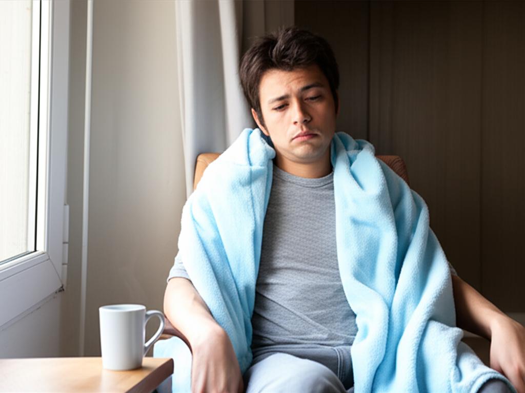 man feeling cold and tired, low energy, sitting indoors