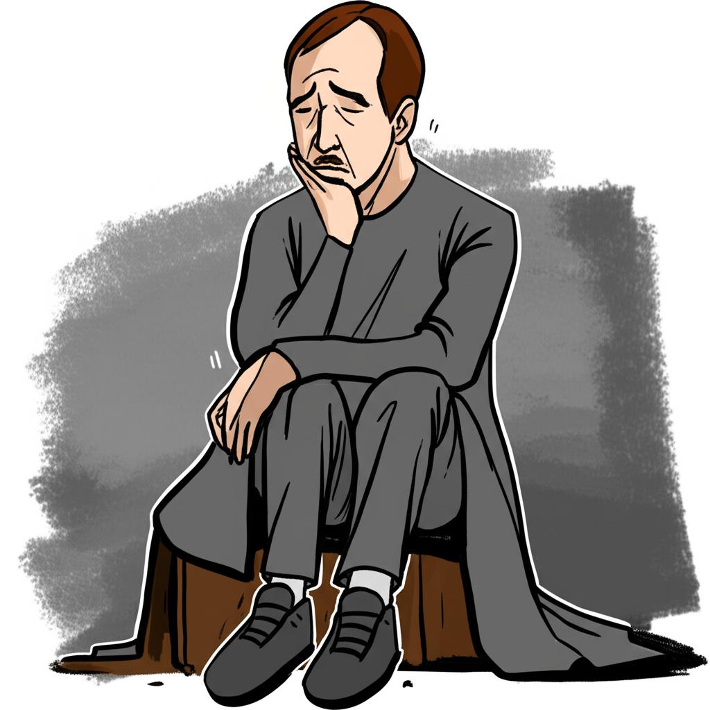 Illustration of a frustrated man sitting alone, looking tired