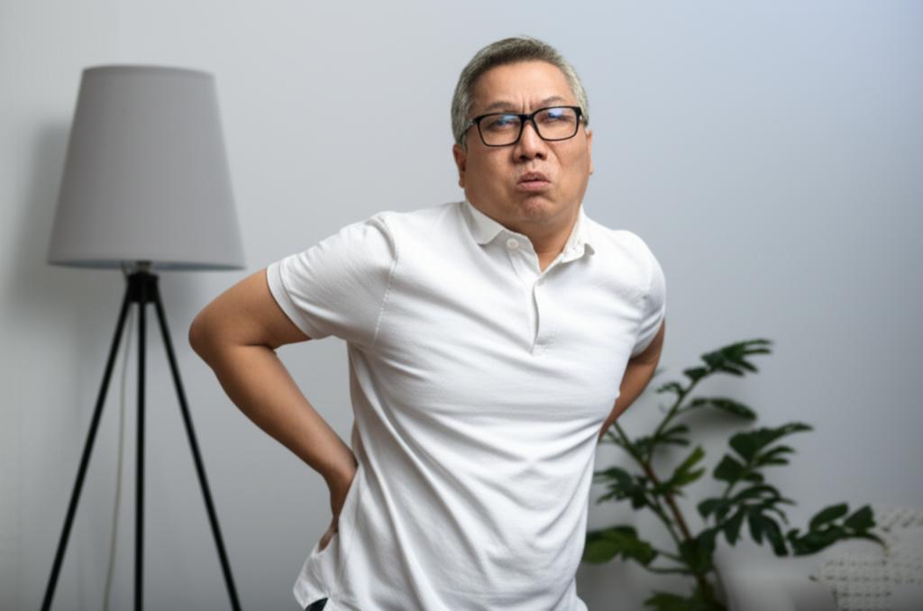 tired middle-aged asian man rubbing his lower back, indoor setting, low energy