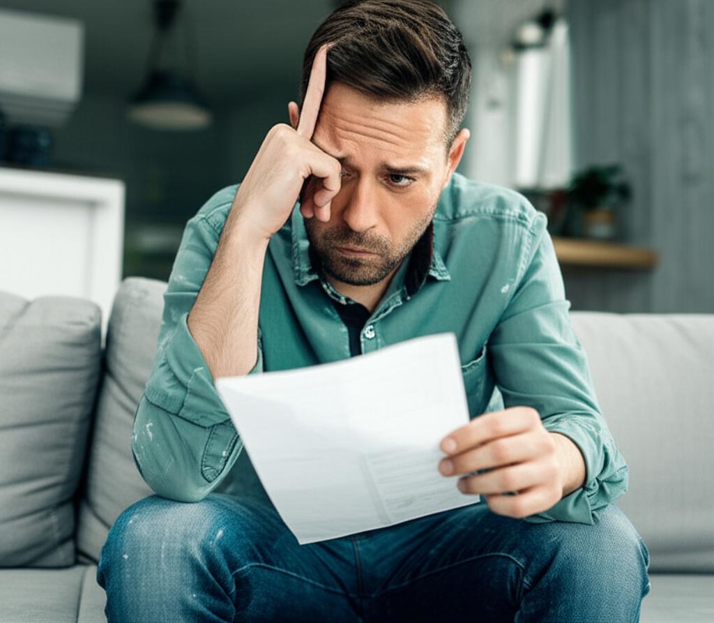 Frustrated man sitting on a sofa, holding a medical report, looking tired and confused, realistic photo