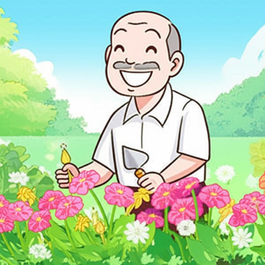 Illustration of an older man smiling, looking relaxed and energetic, perhaps doing a light activity like gardening.