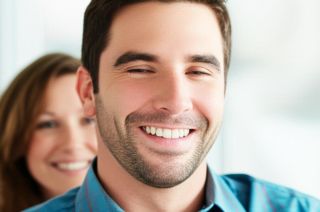 Man looking relieved and happy, perhaps with partner in background