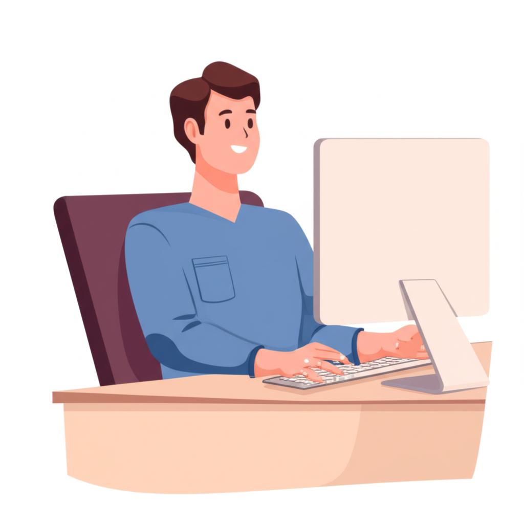 Illustration of a relieved and happy male programmer working efficiently at his desk, symbolizing improved health and focus.