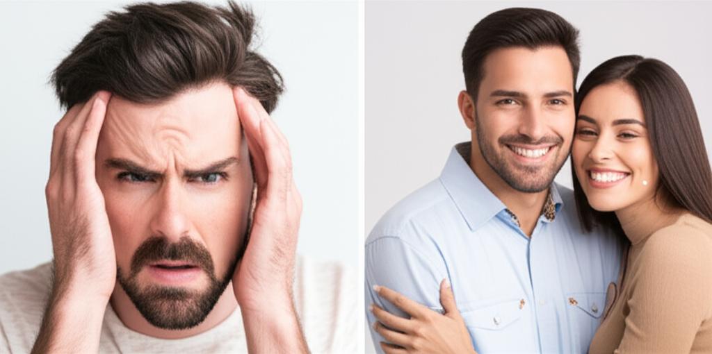 Split image showing a man looking stressed and worried on one side, and on the other side, the same man looking confident and happy, embracing his partner, illustrating a transformation.