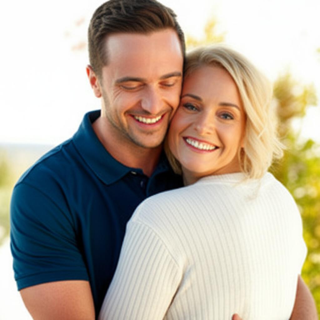 man looking energetic and happy, embracing his wife