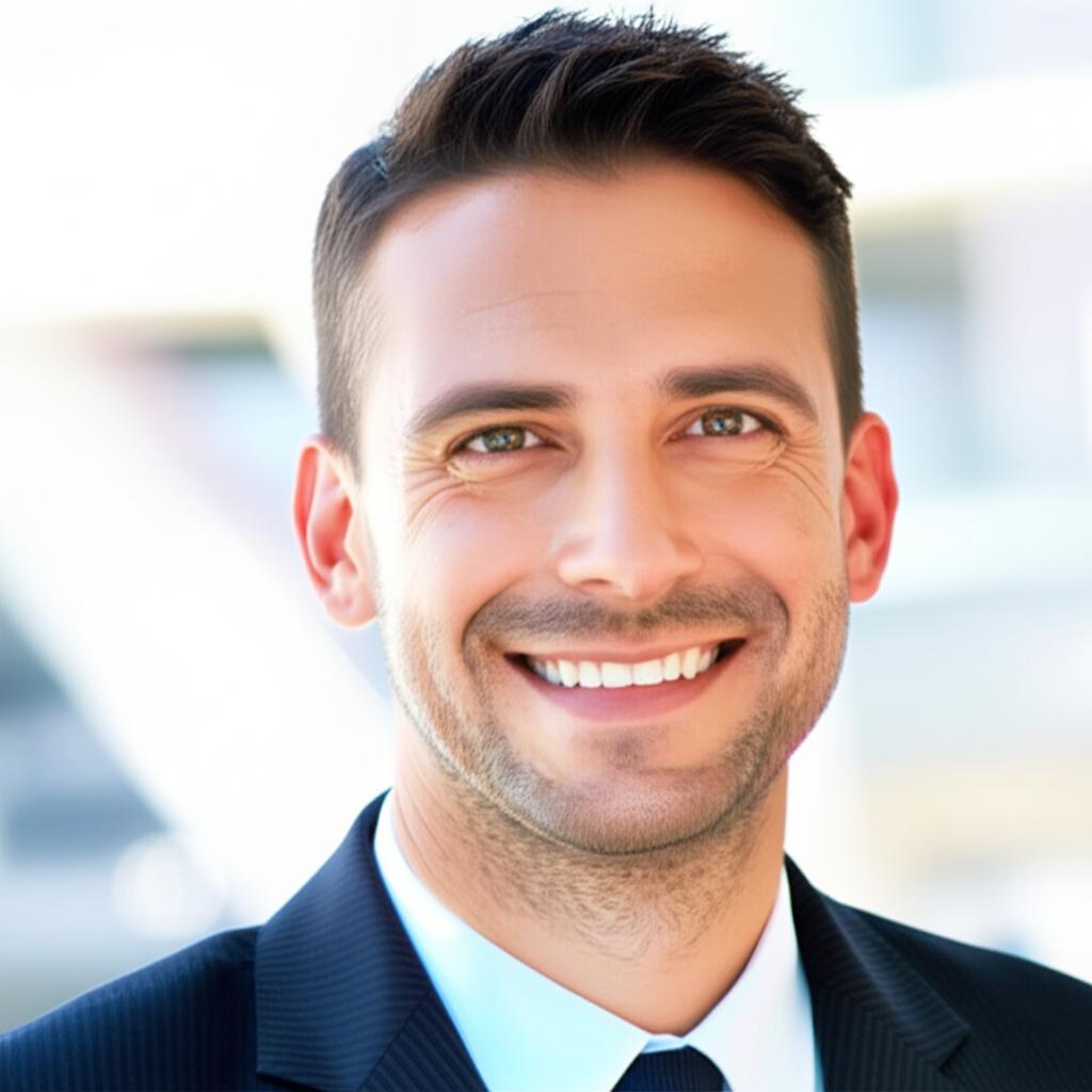 man smiling confidently, bright background, realistic photo