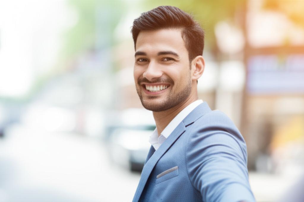 Man looking confident and happy, perhaps holding hands with a partner (subtly), representing restored vitality and relationship