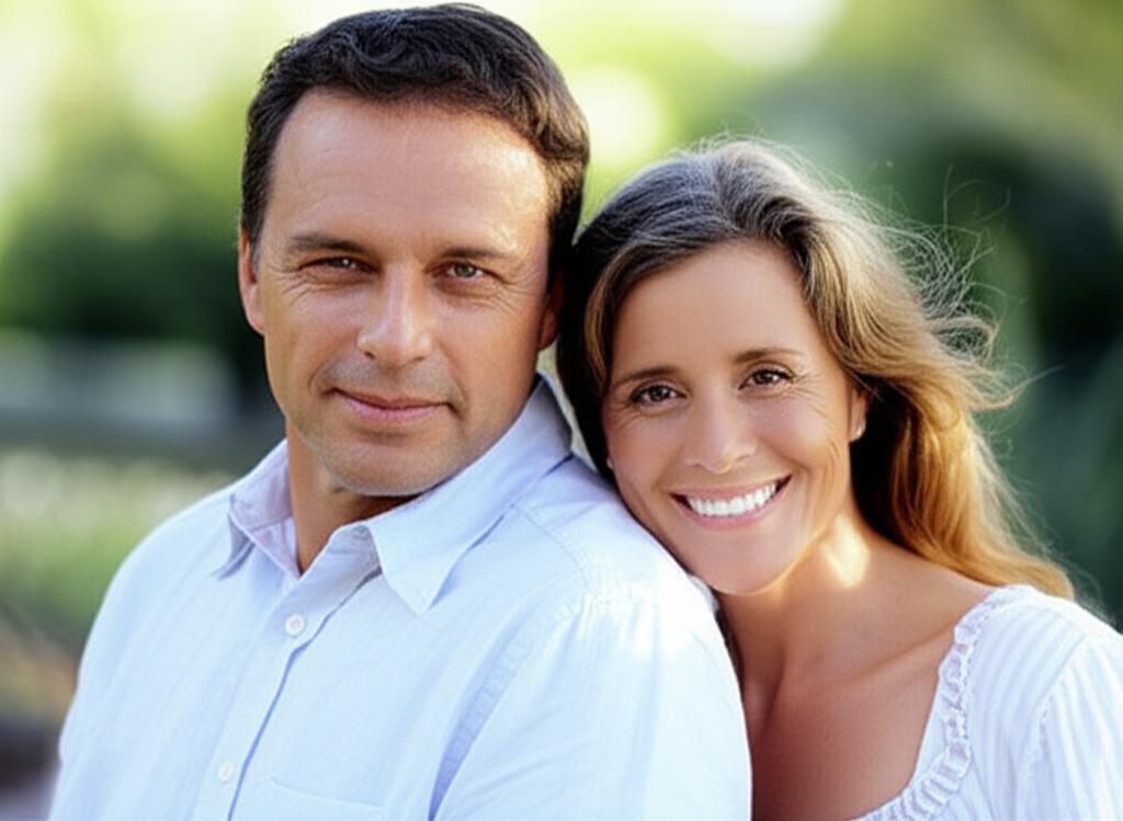 happy middle-aged couple looking relaxed and intimate, natural setting