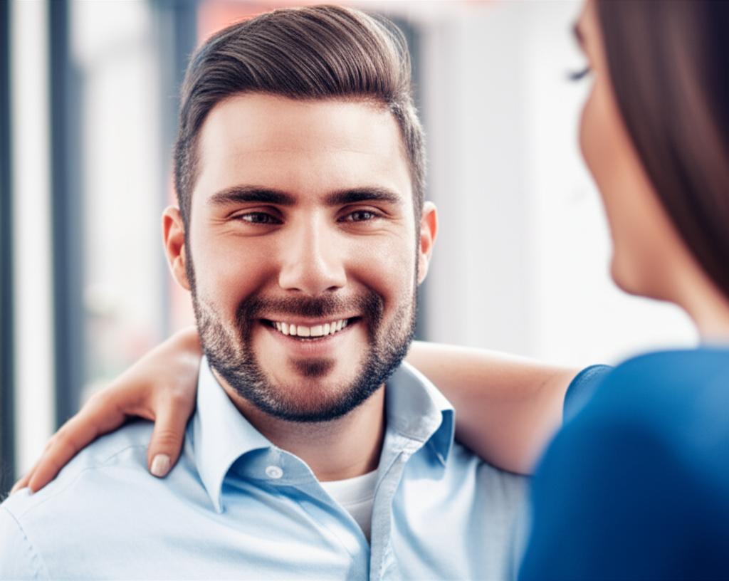 Man smiling confidently, enjoying a moment with partner