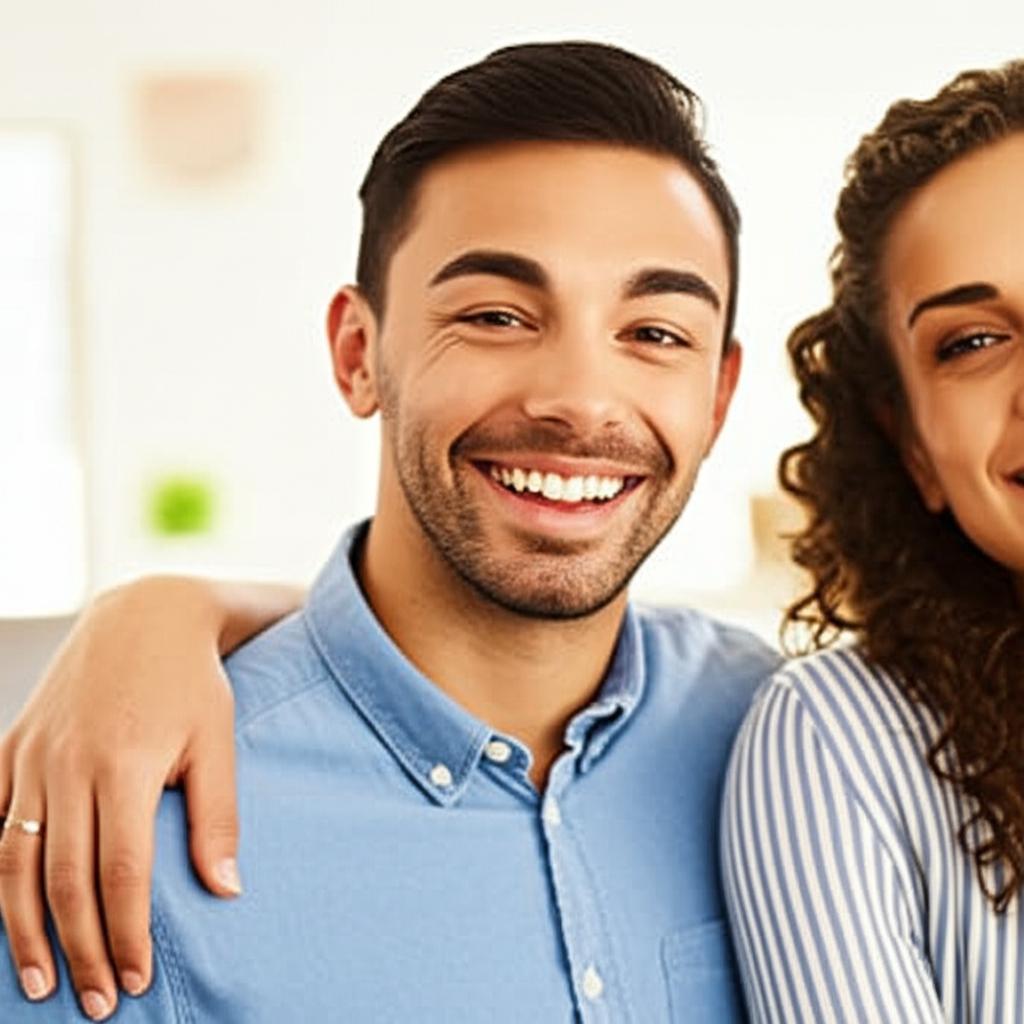 AI prompt: A man smiling confidently, perhaps with his arm around his happy partner, in a warm, well-lit setting.