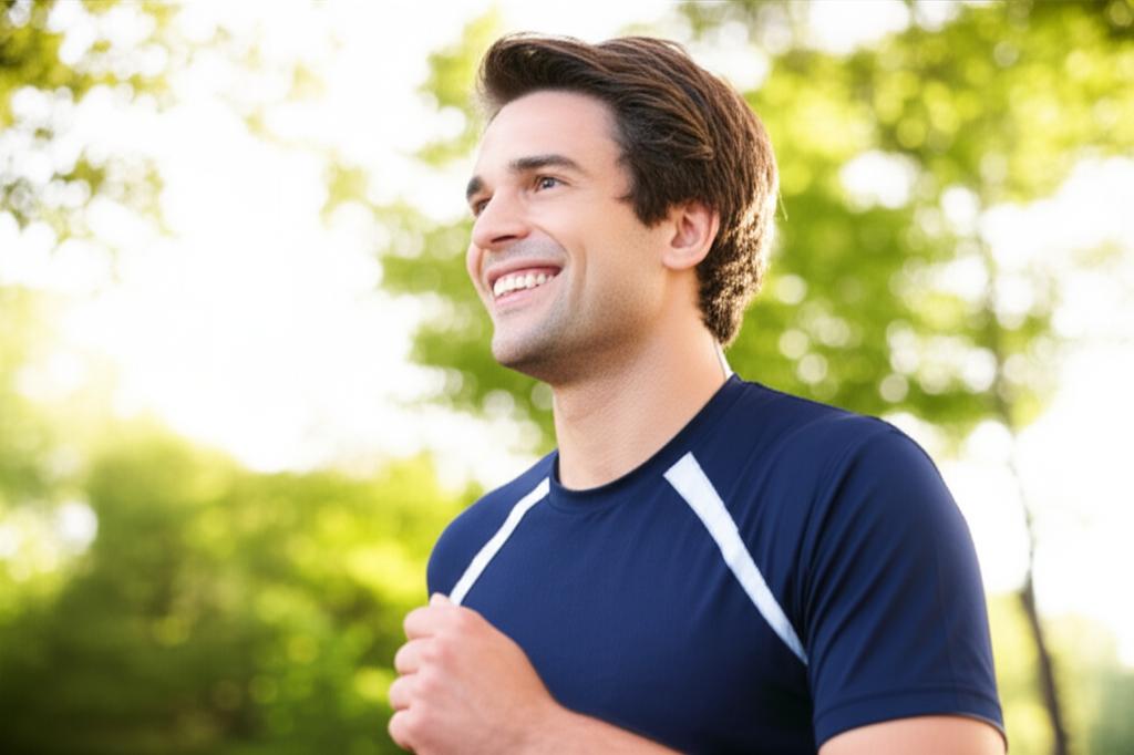 man looking healthier and more energetic, smiling, active
