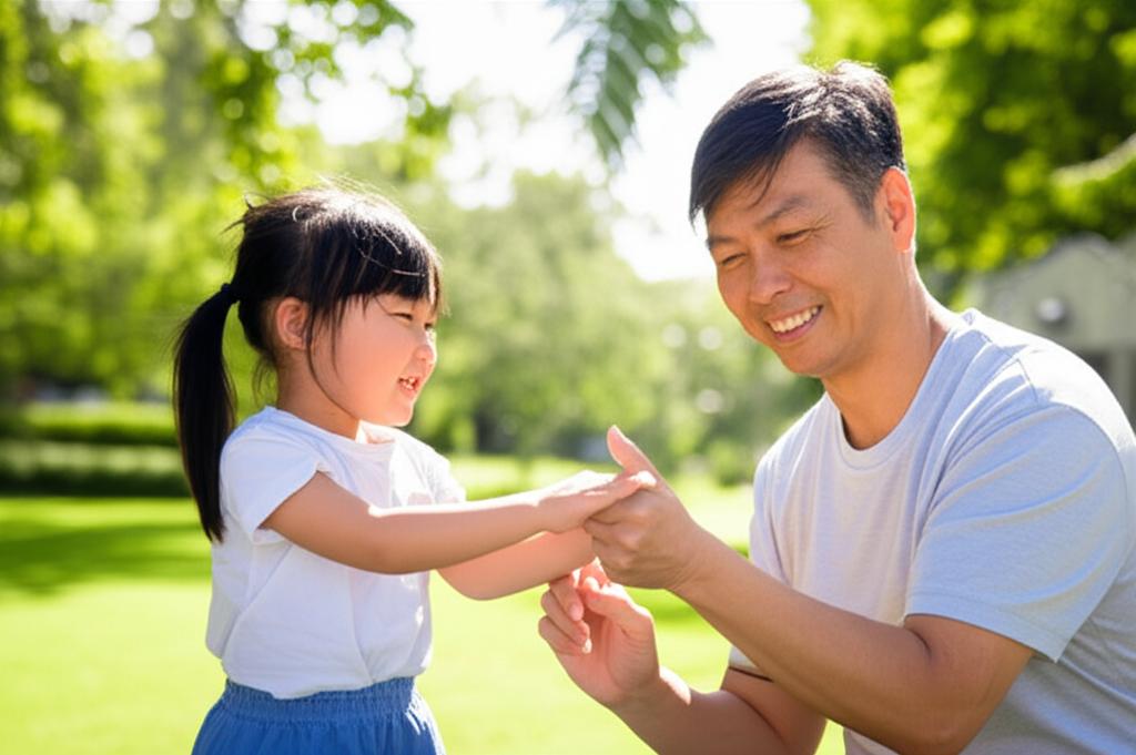 energetic middle-aged asian man smiling, playing with a child, outdoor park setting