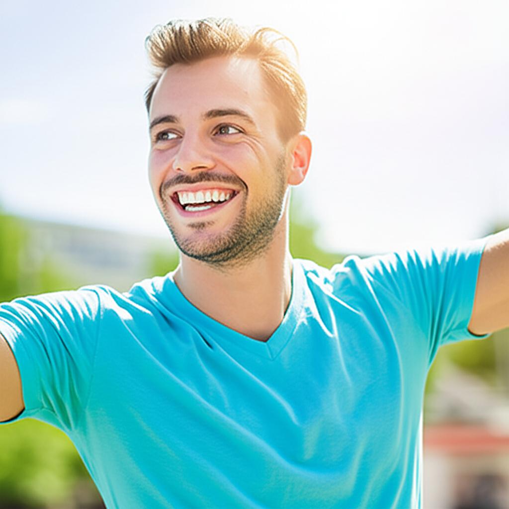 Man smiling energetically, looking healthy and vibrant, in a bright outdoor setting, realistic photo