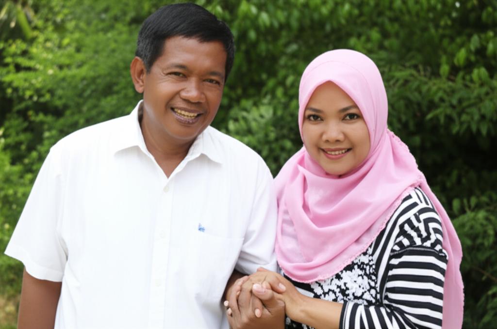Middle-aged Indonesian couple smiling and holding hands, looking happy