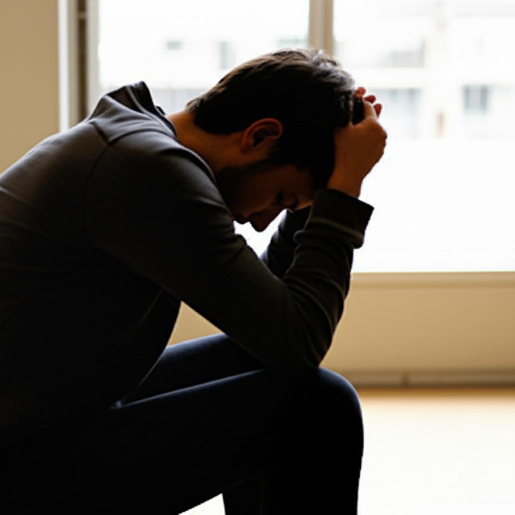 man feeling tired and frustrated sitting alone