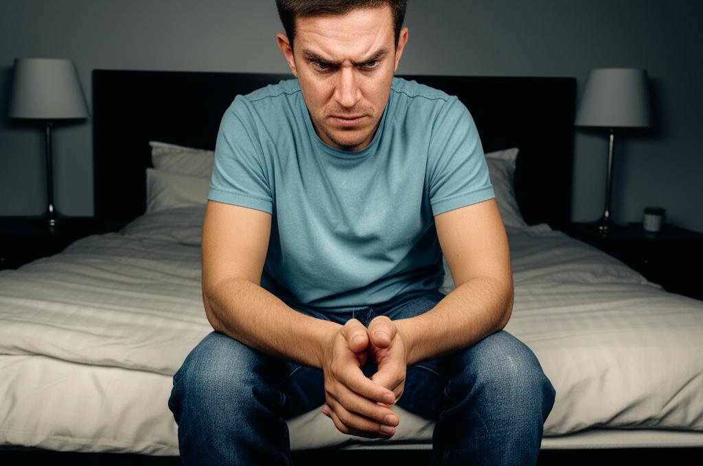 man feeling anxious about performance after taking medication in a bedroom setting