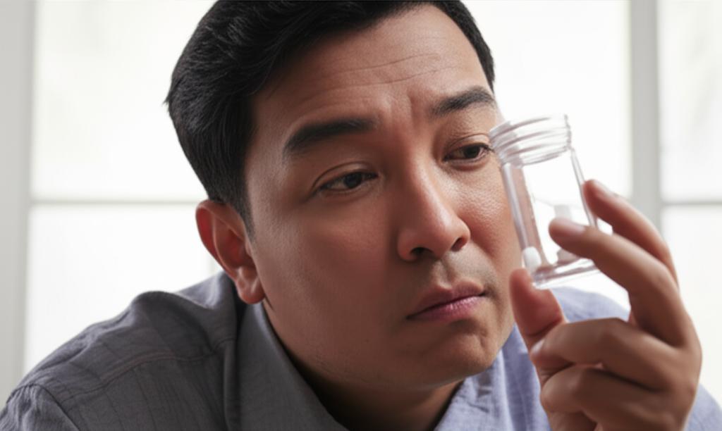 man looking concerned about health while holding a pill bottle, soft lighting, realistic style, Indonesian man, middle-aged