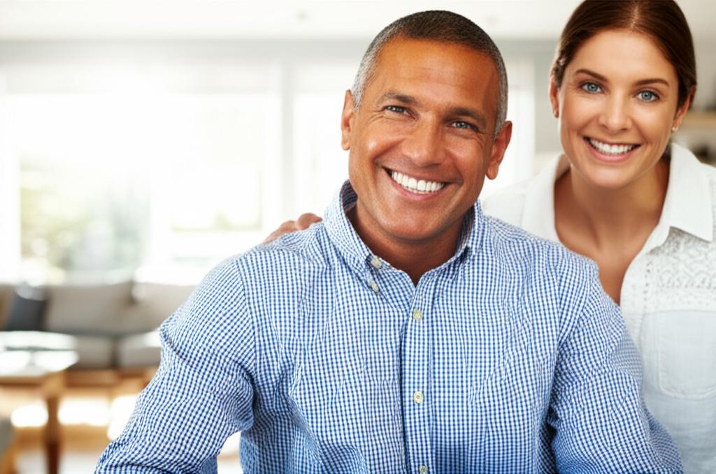 man smiling confidently with his partner in a happy home environment