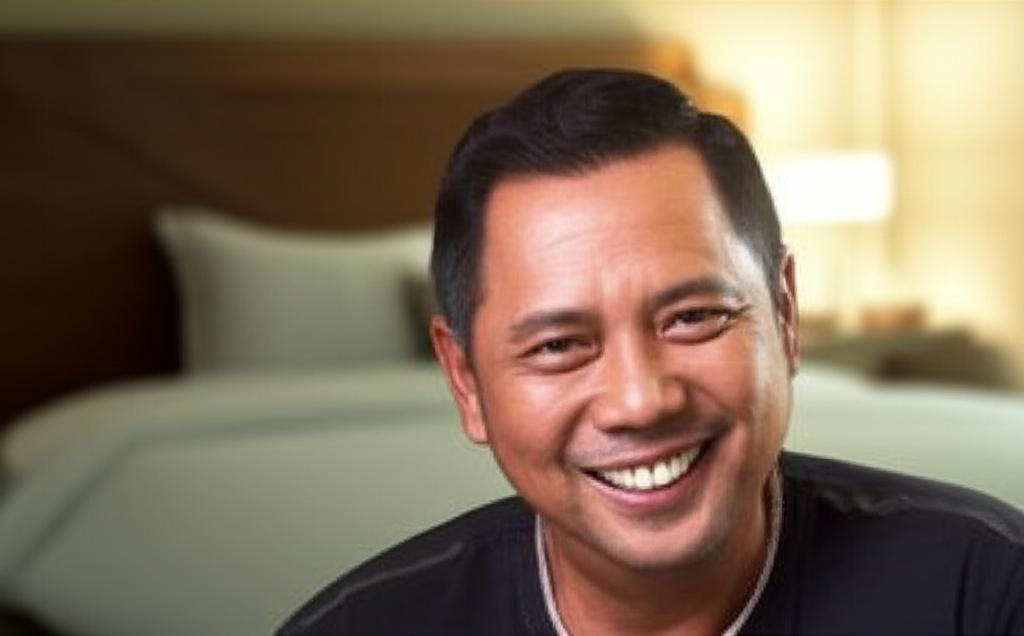 middle-aged Indonesian man smiling confidently, blurred background of a bedroom, warm lighting, realistic photo
